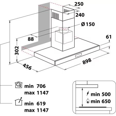 Kontrolsat - Wall Chimney Cooker Hood Whirlpool 730m³/h - WHBS C92F LT X