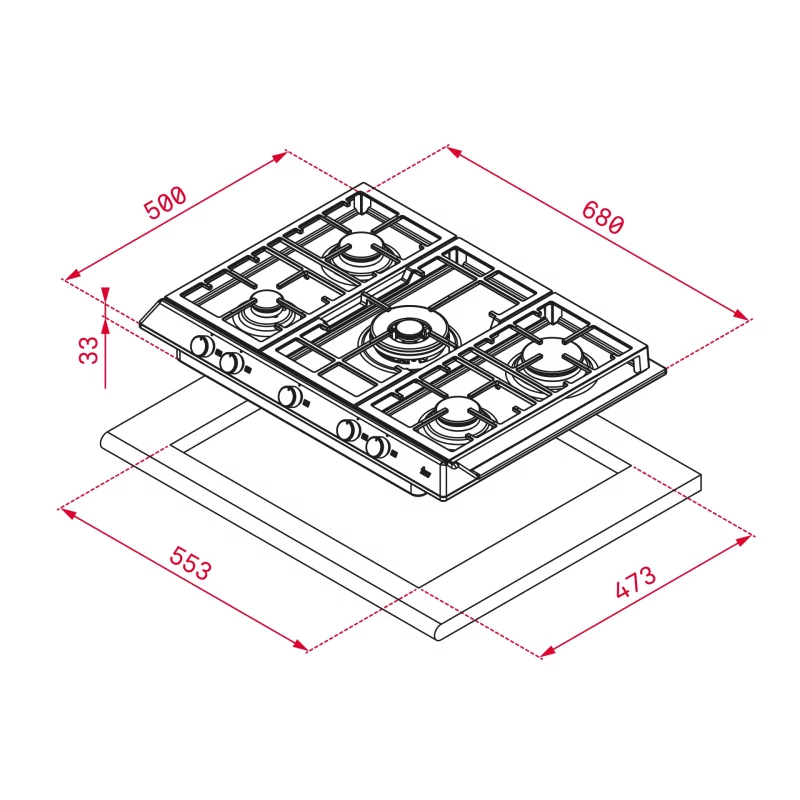Kontrolsat - Placa a Gás Teka EX 70.1 5G AI AL DR CI 70cm 5 Queimadores Inox Grelha Ferro Fundido