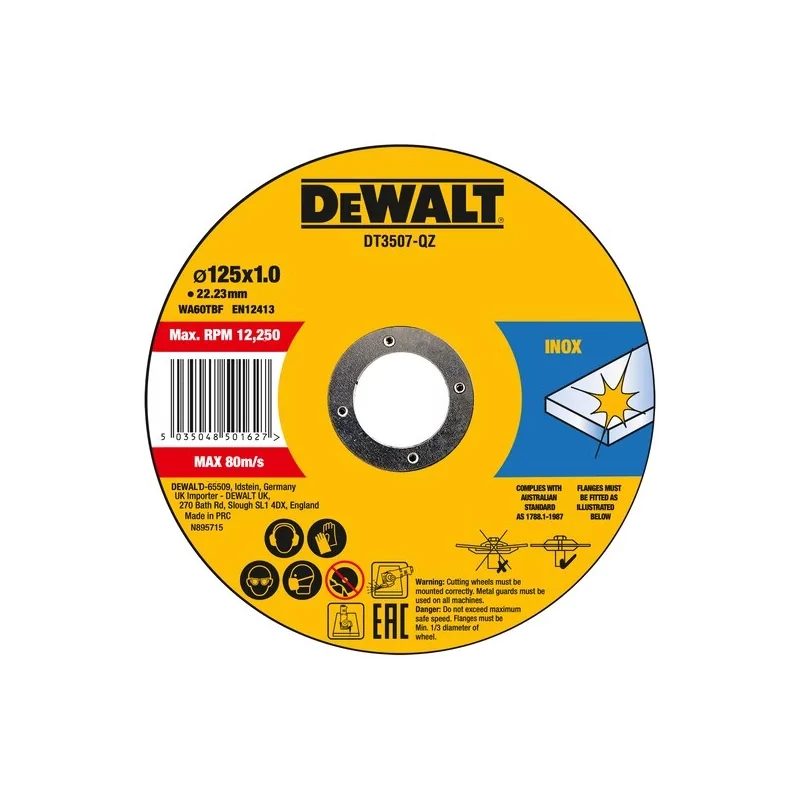 Kontrolsat - Set of 10 Stainless Steel Cutting Discs. Dewalt - 125x1x22.23 mm - DT3506-QZ Kontrolsat - Set of 10 Stainless Steel Cutting Discs. Dewalt - 125x1x22.23 mm - DT3506-QZ