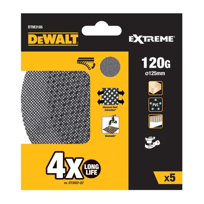 Kontrolsat - Conjunto de 5 Lixas de Malha Dewalt - ø125 mm - Grão 120 - Lixadoras Rotorbitais - DTM3105-QZ