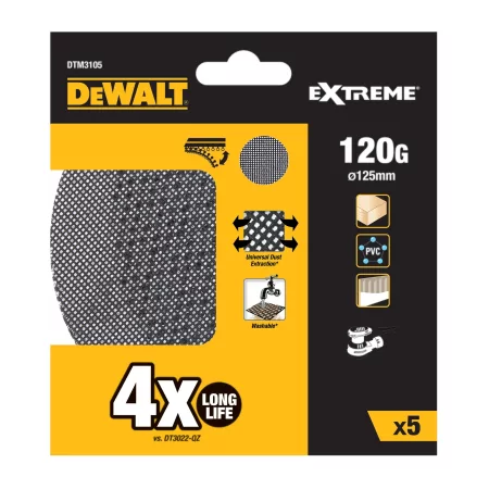 Kontrolsat - Conjunto de 5 Lixas de Malha Dewalt - ø125 mm - Grão 120 - Lixadoras Rotorbitais - DTM3105-QZ