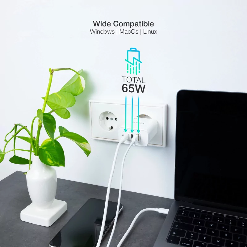 Kontrolsat - TooQ Charger - USB-C/PD - 65W - White - TQWC-GANQC2PD65WT