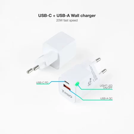 Kontrolsat - Carregador de Parede TooQ - USB-C/PD + USB-A/QC - 20W - Branco - TQWC-QCPD20WT Kontrolsat - Carregador de Parede TooQ - USB-C/PD + USB-A/QC - 20W - Branco - TQWC-QCPD20WT