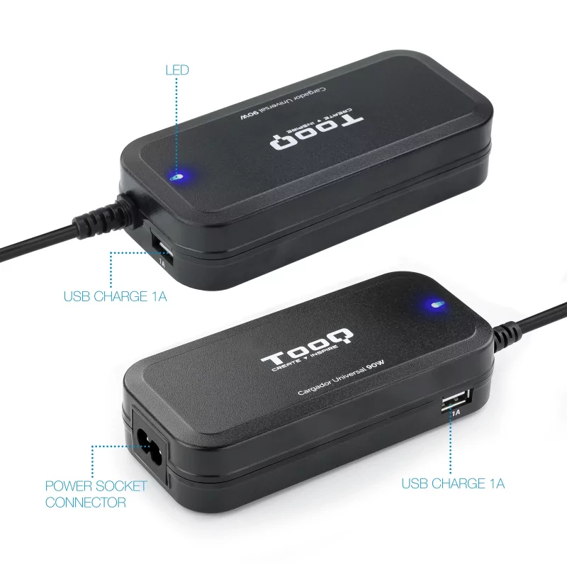 Kontrolsat - Carregador TooQ - P/ Portátil - 90W + 2x USB2.0 - Preto - TQLC-90BS02AT