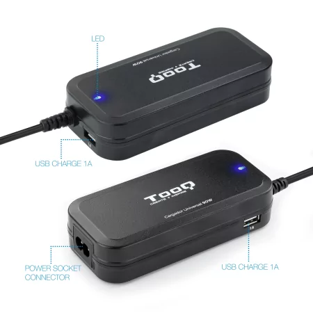 Kontrolsat - TooQ Charger - For Laptop - 90W + 2x USB2.0 - Black - TQLC-90BS02AT