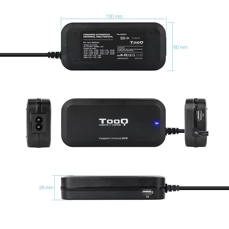 Kontrolsat - TooQ Charger - For Laptop - 90W + 2x USB2.0 - Black - TQLC-90BS02AT