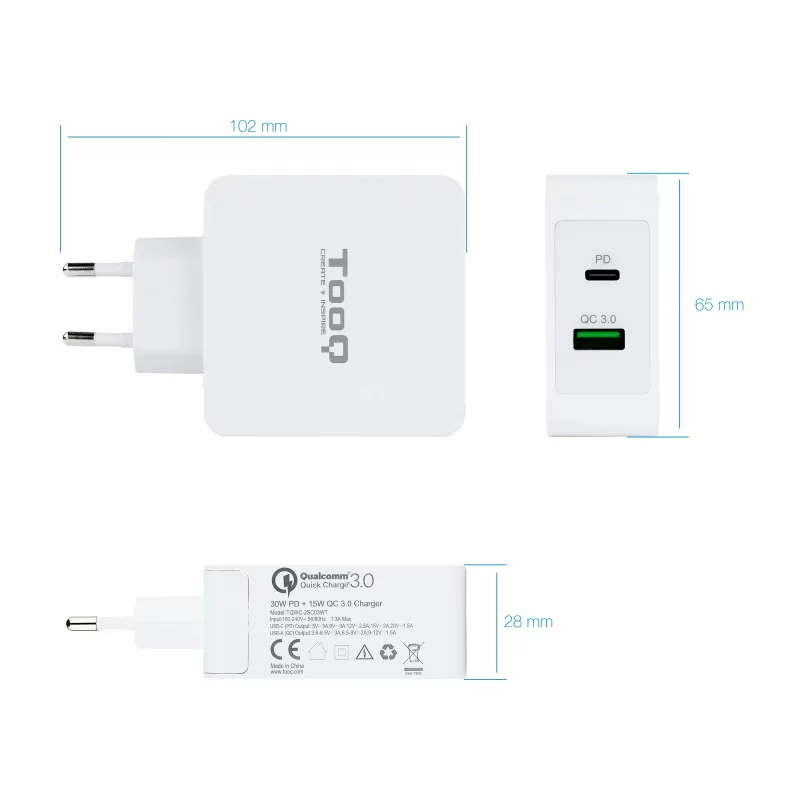 Kontrolsat - Carregador Duplo TooQ - USB-C PD + porta USB A QC3.0 - 48W - Branco - TQWC-2SC03WT