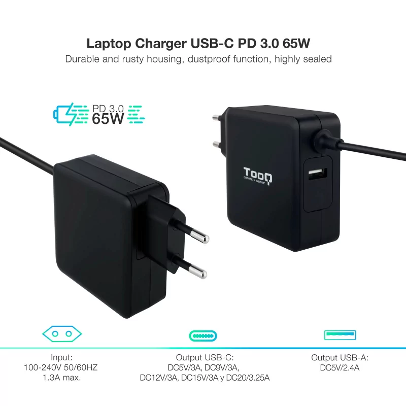 Kontrolsat - TooQ USB-C Charger - Black - TQLC-USBC65PD