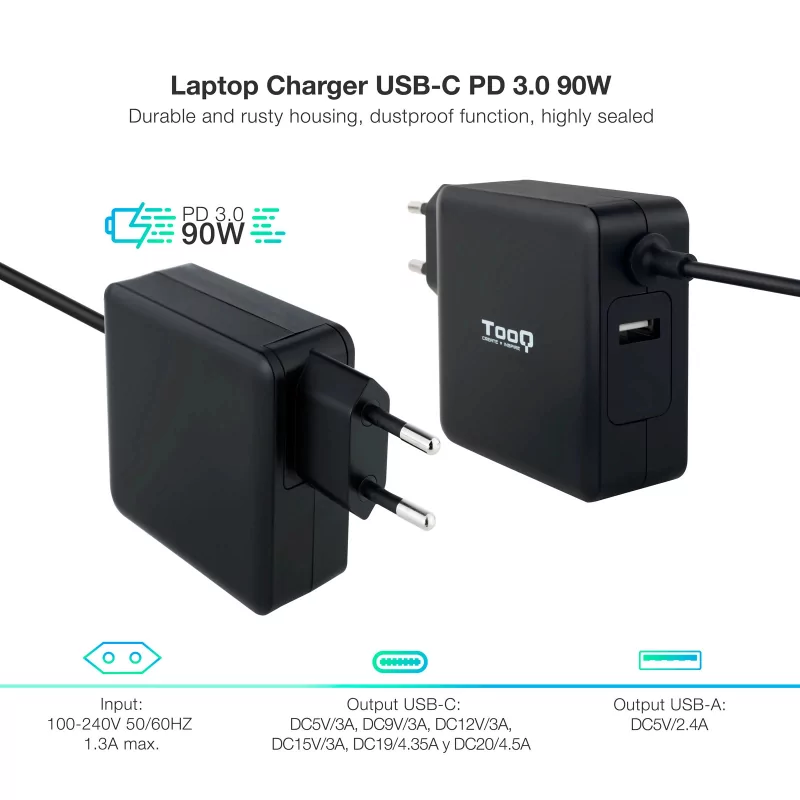 Kontrolsat - TooQ USB-C Charger - Black - TQLC-USBC90PD