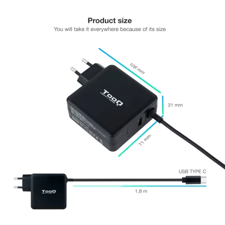 Kontrolsat - TooQ USB-C Charger - Black - TQLC-USBC65PD Kontrolsat - TooQ USB-C Charger - Black - TQLC-USBC65PD