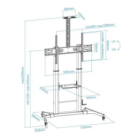 Kontrolsat - TooQ Adjustable Floor Stand - Zeus - W/ Wheels - 60" / 100" - Black - FS20400HM-B