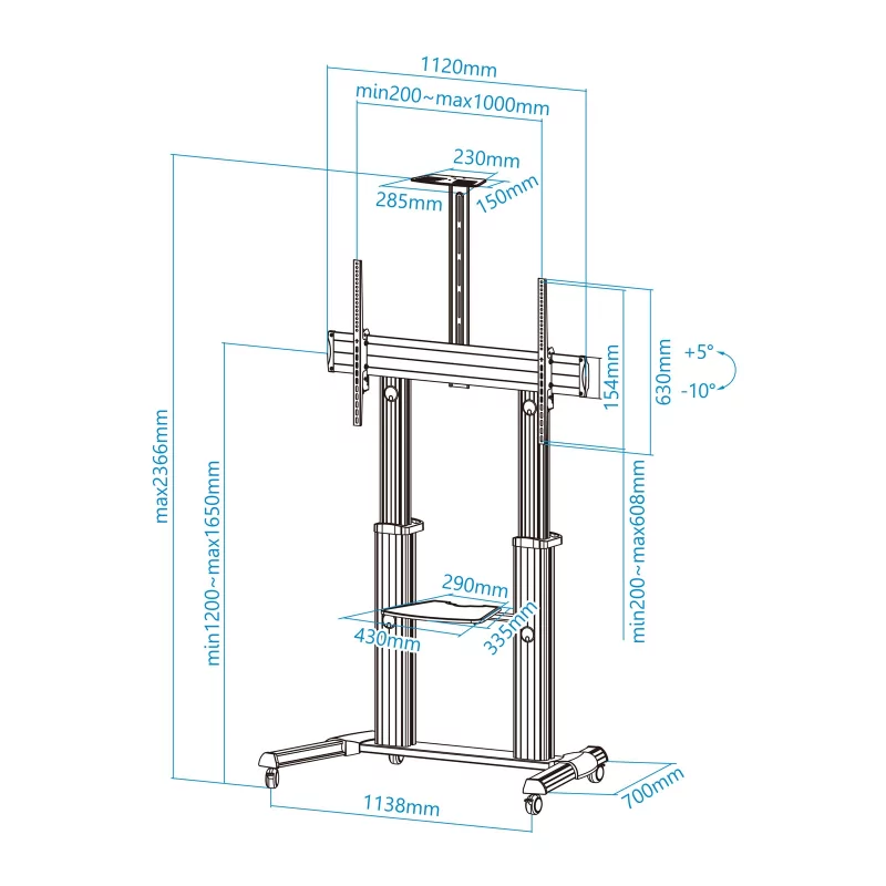 Kontrolsat - TooQ Floor Stand - W/ Wheels - 60" / 100" - Aluminum - FS20300M-B