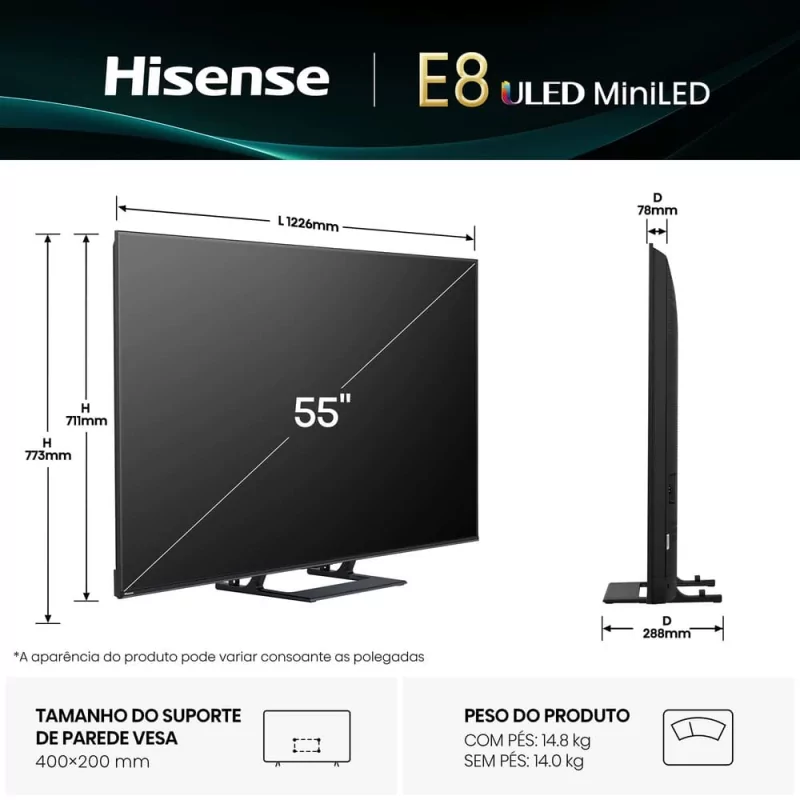 Smart TV Hisense 55E8Q Mini LED 55" (139 cm) 4K 144Hz Dolby Vision