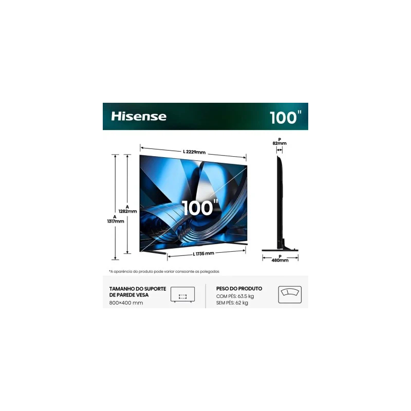 Smart TV Hisense 100U7SE 100" (253 cm) MiniLED QLED 4K 165Hz Dolby Vision IQ Hi-View AI Engine PRO VIDAA U9