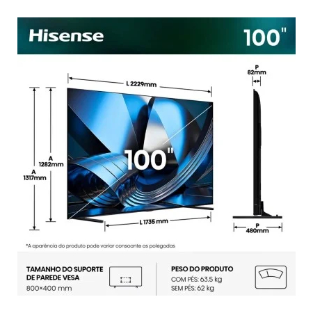 Smart TV Hisense 100U7SE 100" (253 cm) MiniLED QLED 4K 165Hz Dolby Vision IQ Hi-View AI Engine PRO VIDAA U9