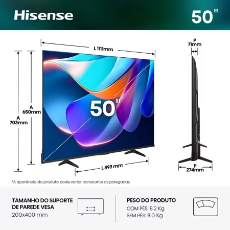 Smart TV Hisense 50A6S 50" (127 cm) 4K Dolby Vision VIDAA U9.5
