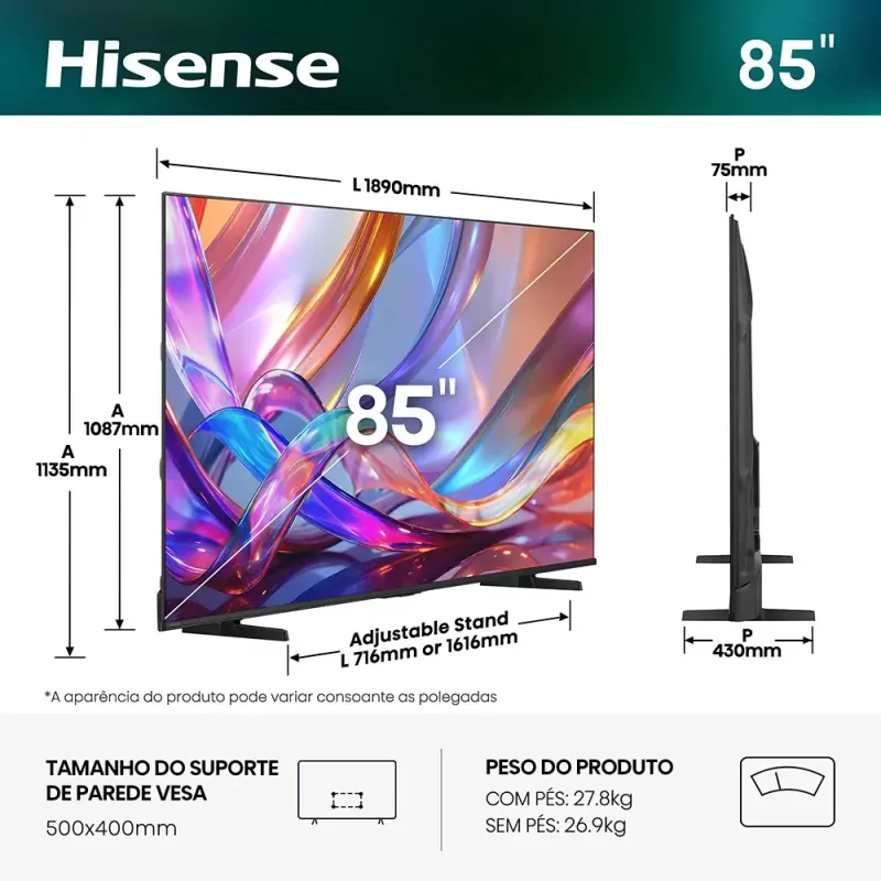 Smart TV Hisense 85E7S 85" (215 cm) QLED 4K Dolby Vision IQ VIDAA U9.5