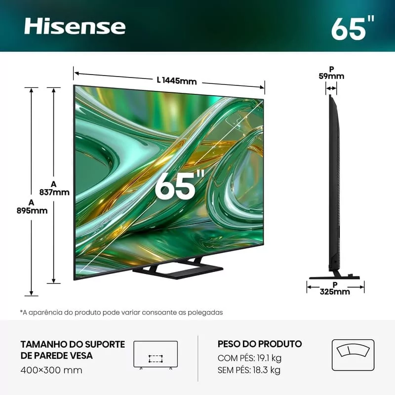 Smart TV Hisense 65E8S 65" (164 cm) MiniLED QLED 4K 144Hz Dolby Vision IQ VIDAA U9