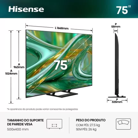 Smart TV Hisense 75E8S 75" (189 cm) MiniLED QLED 4K 144Hz Dolby Vision IQ VIDAA U9