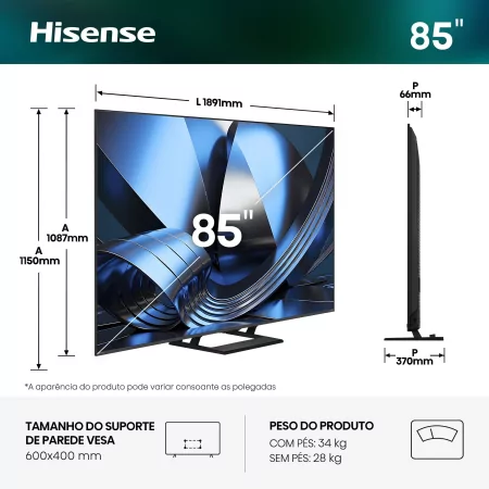Smart TV Hisense 85U7SE de 85" (215 cm) MiniLED QLED 4K 144Hz Dolby Vision IQ IMAX Enhanced VIDAA U9