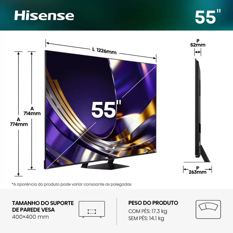 Smart TV Hisense 55U7S PRO 55" (139 cm) MiniLED QLED 4K 165Hz Dolby Vision IQ IMAX Enhancer VIDAA U9.5