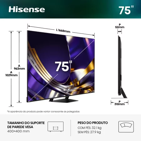 Smart TV Hisense 75U7S PRO 75" (189 cm) MiniLED QLED 4K 165Hz Dolby Vision IQ IMAX Enhancer VIDAA U9.5