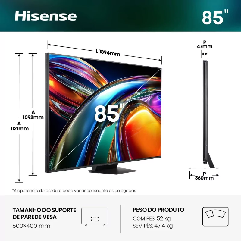 Smart TV Hisense 85UR9S de 85" (215 cm) RGB MiniLED 4K 180Hz Dolby Vision IQ IMAX Enhancer VIDAA U9.5