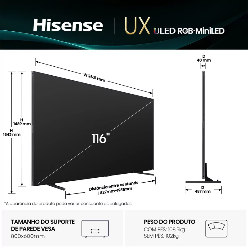 Smart TV Hisense 116UXQ 116" (293 cm) RGB MiniLED 4K 165Hz Dolby Vision IQ IMAX Enhancer VIDAA U9