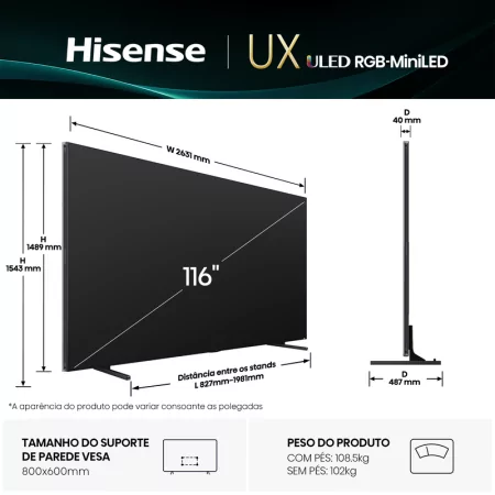 Smart TV Hisense 116UXQ de 116" (293 cm) RGB MiniLED 4K 165Hz Dolby Vision IQ IMAX Enhancer VIDAA U9