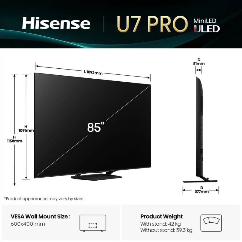 Hisense 85U7Q PRO - Mini LED PRO ULED 4K Smart TV 85"