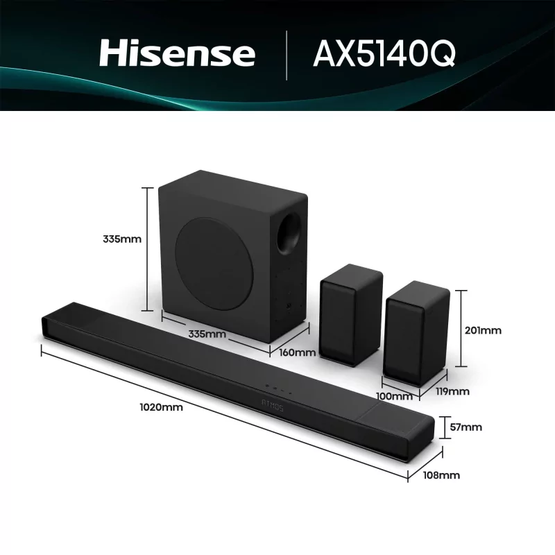 Barra de sonido Hisense AX AX5140Q de 600 W - 5.1.4 canales, Dolby Atmos, DTS Virtual: X, Hi-Concerto, EzPlay