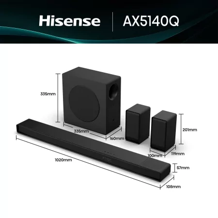 Barra de sonido Hisense AX AX5140Q de 600 W - 5.1.4 canales, Dolby Atmos, DTS Virtual: X, Hi-Concerto, EzPlay