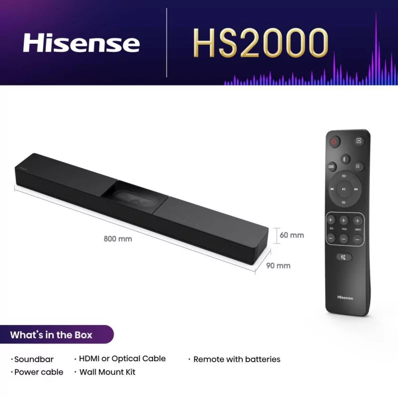Soundbar Hisense HS2000 240W - 2.1 CH, DTS Virtual: X - Preta