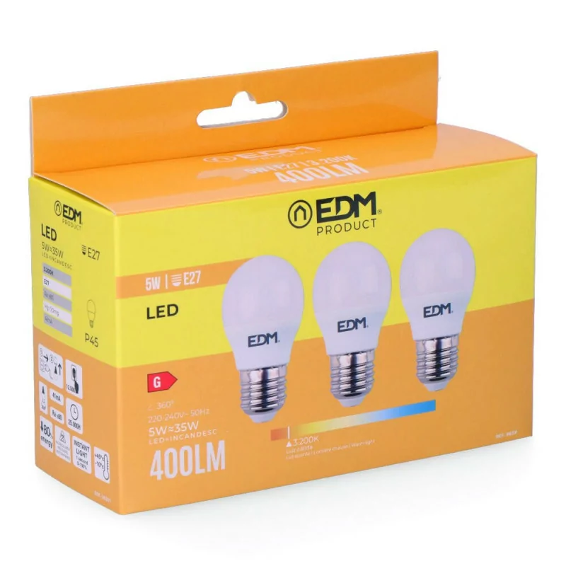 Conjunto 3 Bombillas Esféricas EDM - LED - E27 - 5 W - 400 LM - 3200 K - Luz Quente Conjunto 3 Bombillas Esféricas EDM - LED - E27 - 5 W - 400 LM - 3200 K - Luz Quente