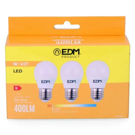 Conjunto 3 Bombillas Esféricas EDM - LED - E27 - 5 W - 400 LM - 3200 K - Luz Quente