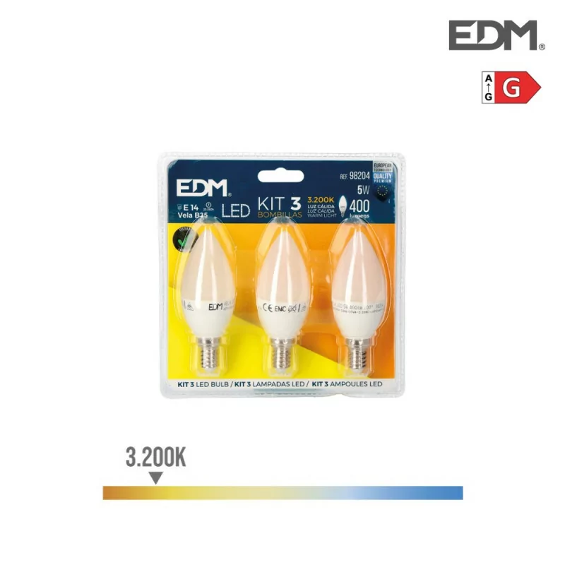 Conjunto 3 Lâmpadas Vela EDM - LED - E14 - 5 W - 400 LM - 3200 K - Luz Quente