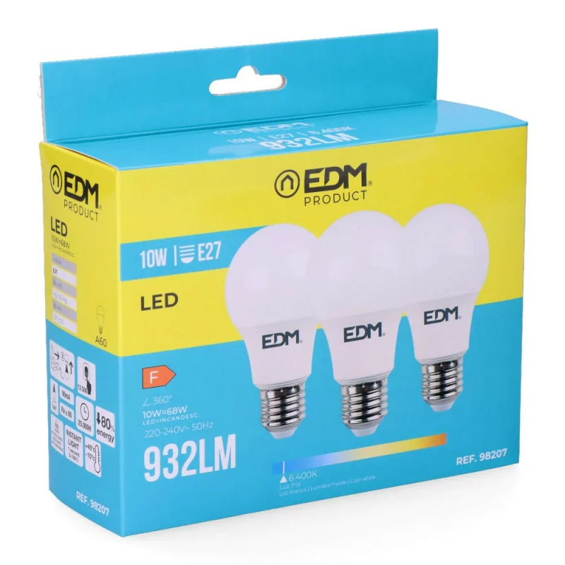 Set 3 Standard EDM Bulbs - LED - E27 - 10 W - 810 LM - 6400K - Cold Light