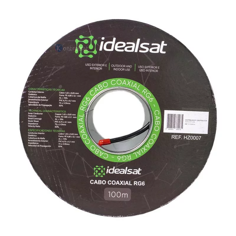 Cable Coaxial RG6 Negro PE - 100M - Idealsat