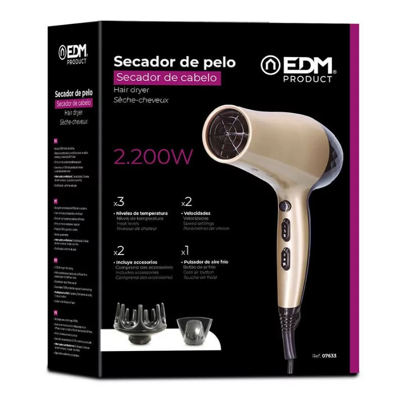 Secador de Pelo EDM Golden Black - Difusão 100º con Bico Profissional - 1800/2000W
