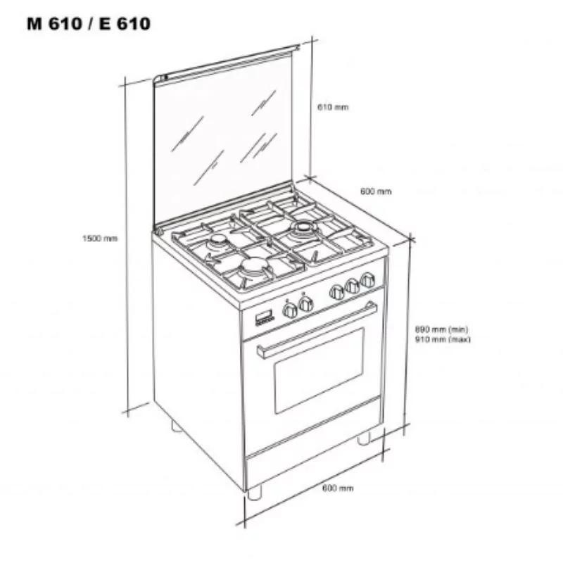 Cocina Monobloque Gas Butano Meireles - 4 Quemadores - 60cm - 51L Inox - M 610 X