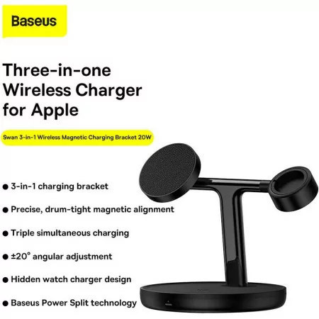 Cargador Inalámbrico Baseus Swan 3-em-1 - 20W - Negro