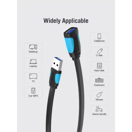 Cable Extensor USB(A) Macho - USB(A) Fêmea - Vention - ( 50CM - USB 3.0 - Negro/Azul)