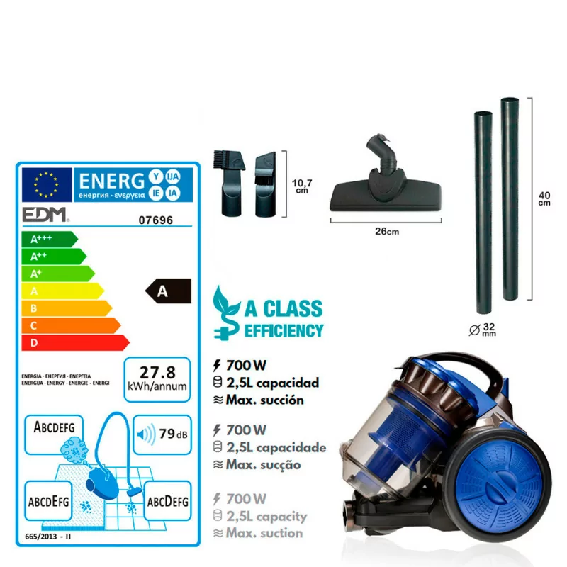 Aspirador Sem Saco EDM 2,5 L - Multiciclónico 79dB - 700 W Azul - Classe A