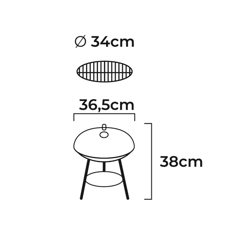 Gourmet Kitchen Charcoal Grill with 3 Legs - Grate Ø34 cm x 38 cm - Black
