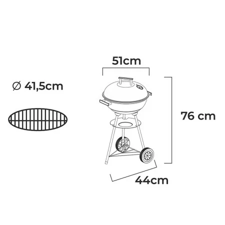 Gourmet Kitchen Charcoal Grill with Lid, 2 Wheels and Grate Ø41.5 x 76 cm - Black