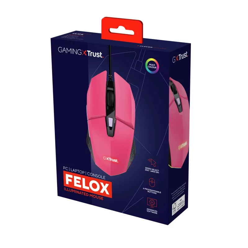 Kontrolsat - Rato Gaming Trust - 6400 DPI - 60 IPS - RGB - Rosa - GXT 109P FELOX
