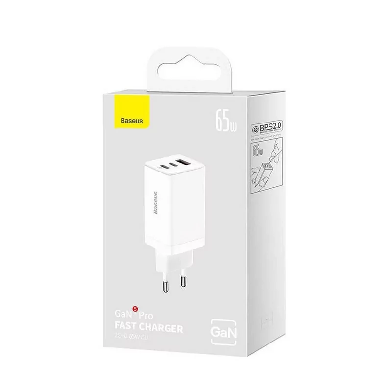Kontrolsat - Baseus GaN5 Pro Dual USB-C + USB-A 65W Fast Charger White + USB-C Cable 100W 1m