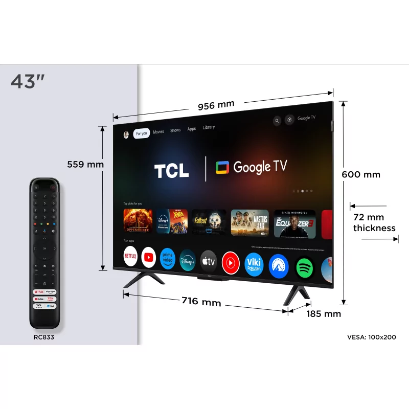 Kontrolsat - Televisor Smart TV QLED TCL 43P7K de 43'' (109 cm) com 4K Ultra HD, Google TV, Wi-Fi e Dolby Vision​