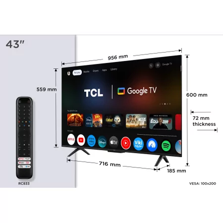 Kontrolsat - Televisor Smart TV QLED TCL 43P7K de 43'' (109 cm) com 4K Ultra HD, Google TV, Wi-Fi e Dolby Vision​